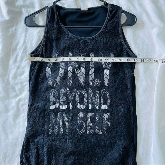Black Lace Overlay White Graphic Lettering Tank Top Only Beyond Myself - Picture 5 of 5